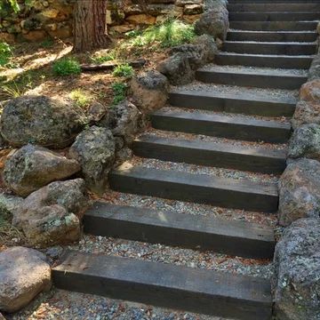 Yard Stairs, Railroad Ties Landscaping, Railroad Tie, Land Ideas, Landscape Stairs, Georgia House, Small Backyards, Railroad Ties, Landscape Steps