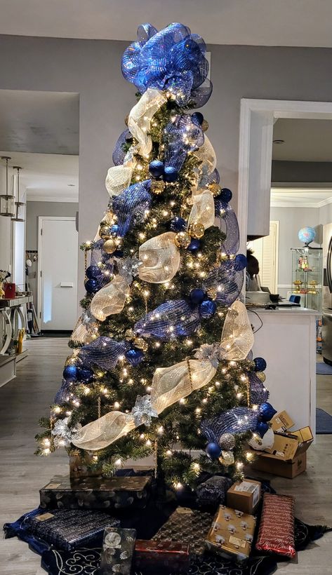 Blue Christmas Tree With Ribbon, Gold And Navy Blue Christmas Decor, Gold And Navy Blue Christmas Tree, Royal Blue Gold Christmas Tree, Blue And Yellow Christmas Decor, Christmas Tree Decorations Blue And Gold, Blue And Gold Xmas Tree, Blue And Gold Ribbon Christmas Tree, Christmas Tree Size Guide