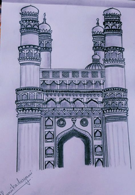 My first pin ...like for more pins Charminar Sketch, Charminar Drawing, Monument Drawing, Palace Drawing, Pencil Sketches Easy, Word Drawings, Architecture Concept Drawings, Architecture Drawing Art, Pencil Sketches