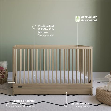 Graco Teddi 5-in-1 Convertible Crib with Drawer (Driftwood) – GREENGUARD Gold Certified, Crib with Drawer Combo, Full-Size Nursery Storage Drawer, Converts to Toddler Bed, Daybed and Full-Size Bed Crib With Drawers, Crib With Storage, Pine Wood Furniture, Registry Essentials, Baby Registry Essentials, Bed Baby, Baby Crib Mattress, Dream Nurseries, Toddler Mattress