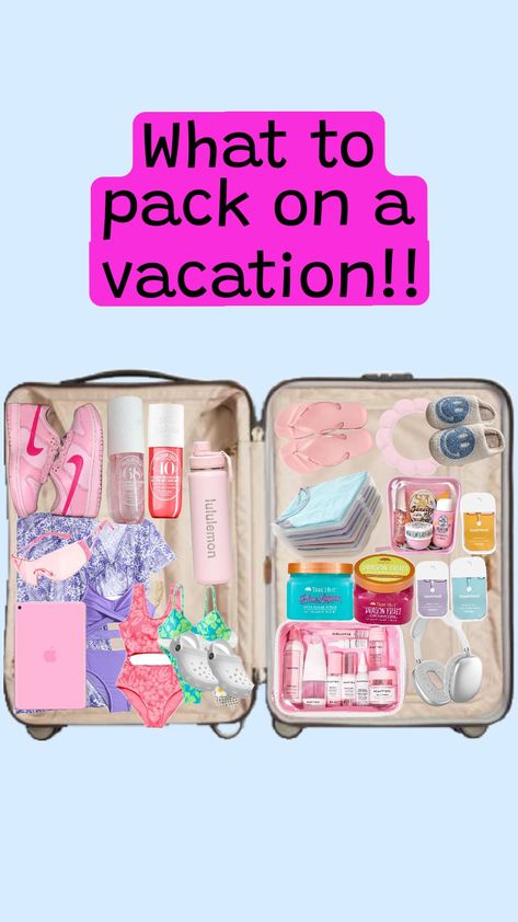 What to pack on a summer vacation!! A nice idea!!! #Preppy #Vacation #Packing #Summer ☀️☀️⛱️ Stuff To Pack For Vacation, Holiday Packing Aesthetic, Croatia Fits, Airport Essentials, Aesthetic Packing, Summer Vacation Packing, Pack For Vacation, What To Pack For Vacation, Holiday Packing Lists