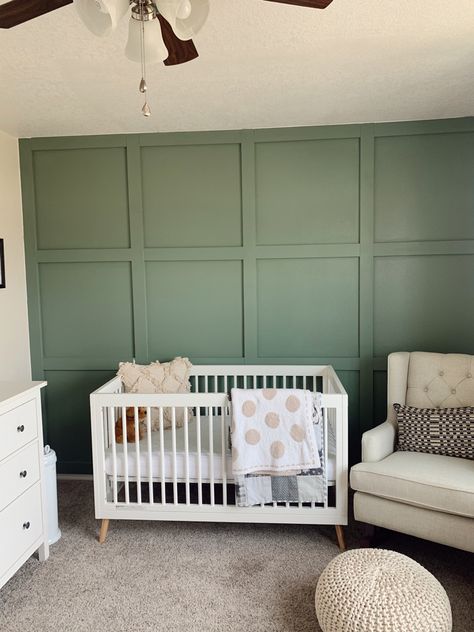 Safari Nursery Green Paint, Green Cream Nursery, Nursery With Green Wall, Green Nursery Wall Color, Sage Nursery Accent Wall, Olive Green Accent Wall Nursery, Sherwin Williams Sage Green Colors Nursery, Board And Batten Wall Nursery Boy, Sherwin Williams Green Nursery Colors