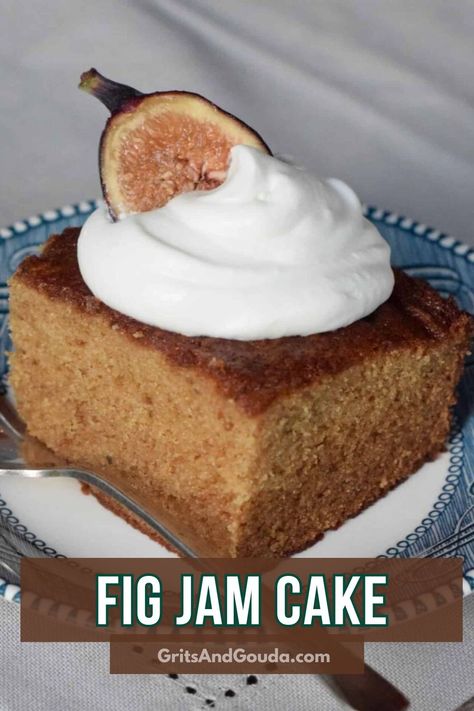 Easy homemade Fig Jam Cake made with my Slow Cooker Fig Jam can be served as a simple snack cake or dressed up with a drizzle of my Fig and Lemon Preserves and a dollop of whipped cream. For a shortcut, you can purchase fig jam if you don't have time to make homemade fig jam. Fig Jam Cake Recipes, Cookies With Fig Jam, Recipe With Fig Jam, Uses For Fig Jam, Recipes Using Fig Jam, Recipes With Fig Jam, Fig Jam Uses, Fig Desserts, Lemon Preserves