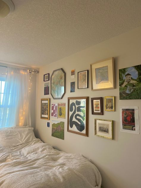 Picture Wall For Living Room, Wall Of Bedroom Decor, Bedroom With Prints On Wall, Mirror Gallery Wall Ideas Bedroom, Wall Of Frames Bedroom, Wall Beside Bed Decor, Framed Picture Wall Ideas Bedroom, Framed Art In Bedroom, Picture Frame Collage Wall Bedroom