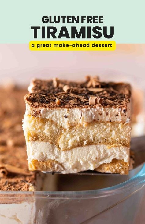 gluten free tiramisu pinterest marketing image Gf Tiramisu Recipe, Gluten Free Tiramisu Recipe, Tiramisu Easy, Gf Deserts, Gluten Free Tiramisu, Mascarpone Filling, Mascarpone Dessert, Gf Food, Coffee Liqueur