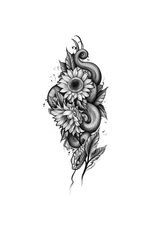 Snake Tattoo Cover Up Ideas, Sunflower With Snake Tattoo, Snake And Sunflower Tattoo, Cover Up Tattoos For Women Arm, Snake Cover Up Tattoo, Dark Cover Up Tattoos For Women, Thigh Cover Up Tattoo Women, Cover Up Tattoo Mujer, Angelina Tattoo