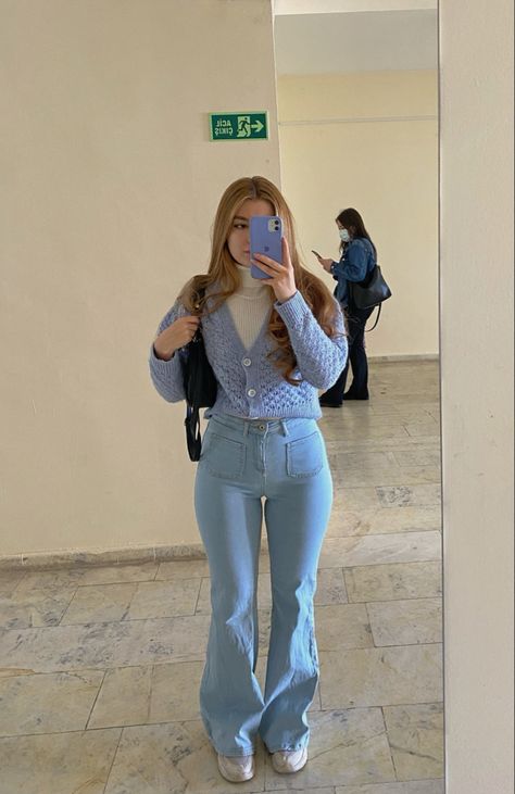 Light Blue Bell Bottoms Outfit, Light Blue Bell Bottom Jeans Outfit, Basic Blue Jeans Outfit, Blue Flares Outfit, Blue Jean Bell Bottoms Outfit, Blue Bell Bottom Jeans Outfit, Light Blue Long Sleeve Shirt Outfit, Baby Blue Winter Outfit, Flare Blue Jeans Outfit