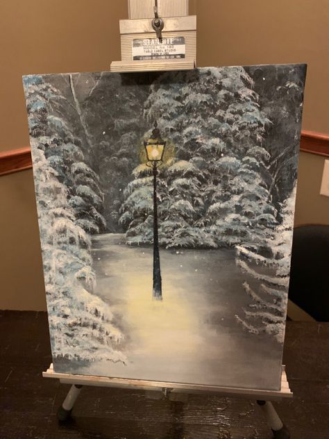 Trending Acrylic Painting Ideas, Narnia Painting Ideas, Fantasy Acrylic Painting Ideas, Winter Wonderland Painting Ideas, Winter Tree Painting Acrylic, Harry Potter Christmas Painting, Winter Painting Ideas Acrylic, Painting Ideas On Canvas Winter, Narnia Lampost