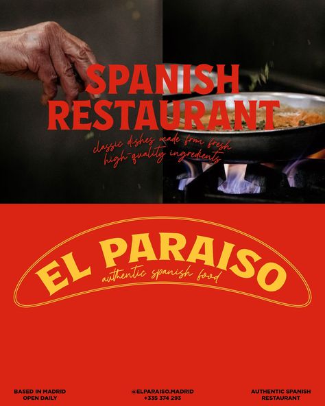 Introducing El Paraíso, El Paraíso is a Spanish restaurant that offers a diverse menu of classic dishes made from fresh, high-quality ingredients From tapas and paellas to seafood and desserts, They aim to deliver an authentic Spanish dining experience. #dbelparaíso #designerbriefs #graphicdesignchallenge #logo #brandingchallenge #branding_design #brandbrainy #brandreveal #font #welovebranding #logodaily #branding #brandinginspiration #brandingagency #brandingstudio #brandingstrategy #restau... Seafood Restaurant Branding, Spanish Graphic Design, Spain Restaurant, Restaurant Font, Magic Font, Spanish Restaurant, Dining Menu, Spanish Tapas, Food Concept