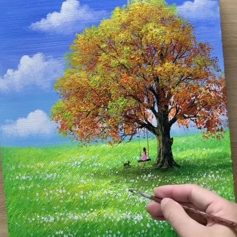 Autumn Oak Tree Acrylic Painting | By Painting Skills Oak Tree Acrylic Painting, Oak Tree Artwork, Fall Tree Painting Acrylic Easy, Tree Paintings Acrylic, Acrylic Tree Painting, Oak Tree Painting, Autumn Tree Painting, Oak Tree Art, Acrylics Ideas