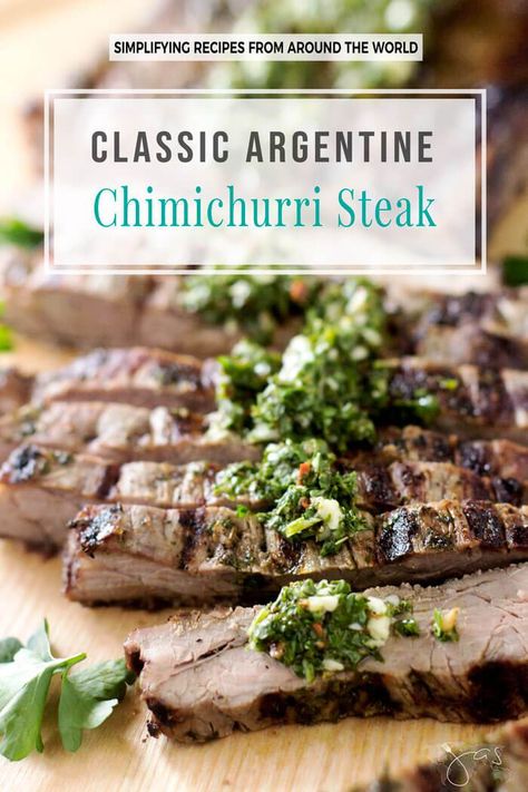 Juicy and delicious, this classic Argentine chimichurri steak is first marinated in flavorful and colorful chimichurri sauce then grilled to perfection that packs a ton of flavor. Recipes With Chimichurri, Argentine Recipes, Chimichurri Steak, Seared Salmon Recipes, Skirt Steak Recipes, Beef Food Recipes, Argentina Food, Chimichurri Recipe, Bbq Dinner