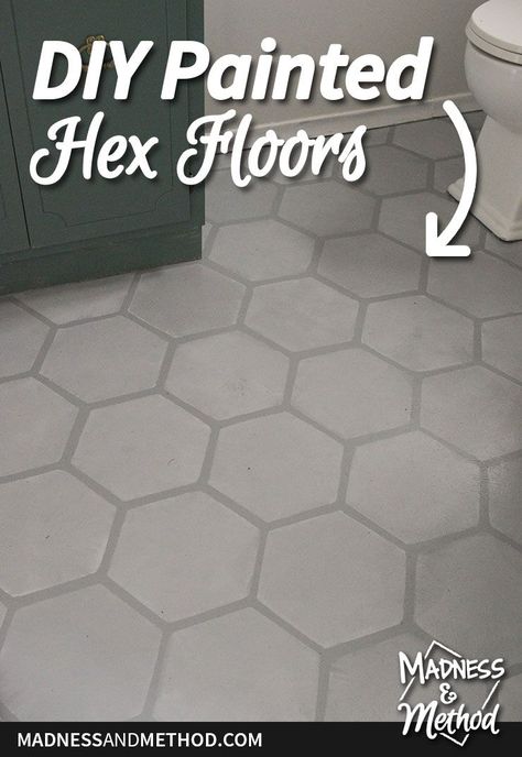 Continuing work on the basement refresh, this week 5 post focuses on the wall-mounted headboard and hex floors painted in the bathroom. Paint Hexagon Tile Floor, Paint Tile To Look Like Concrete, Diy Concrete Bathroom Floor, Faux Tile Painted Concrete, Cement Hexagon Tile Bathroom Floor, How To Paint Ceramic Tile Floor Bathroom, Hexagon Tile Stencil, Concrete Hexagon Tile, Hexagon Vinyl Flooring