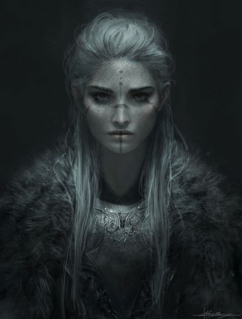 Rhae, a Stalwart stationed in the Sentinel, a massive citadel in the Gemmervide Mountains jointly constructed and manned by Ubrandor and Quator after the Giantkin Wars. 다크 판타지, Warrior Princess, Arte Fantasy, Fantasy Inspiration, Drawing Tutorials, Fantasy Artwork, Character Portraits, White Hair, Manga Drawing