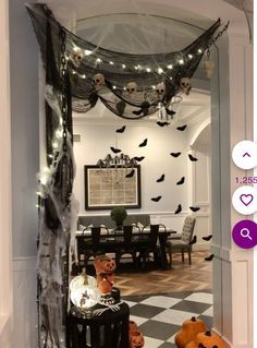 Halloween Decorations Indoor Hallway, Rooftop Halloween Party, Spooky Hallway Ideas, Doorway Halloween Decorations, Halloween Bannister, Halloween Pub Decorations, Scary Sweet 16 Party, Halloween Decor Hallway, Simple Indoor Halloween Decor