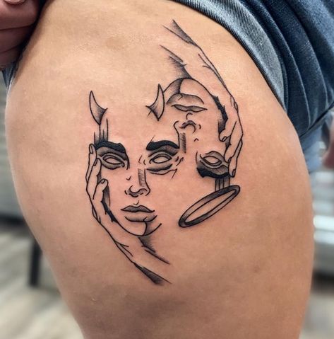 Multiple Personalities Tattoo, Fake People Tattoo, Women Tattoo Arm, Neck Tattoo Woman, Angry Tattoos, Work Of Art Tattoo, Goodness Tattoo, Tattoo Designs Floral, Gemini Tattoo Ideas