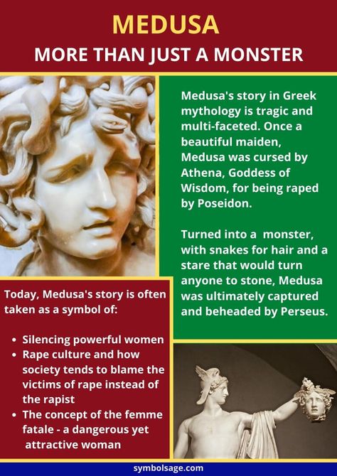 Medusa is a popular figure of Greek mythology, and one that permeates our modern culture. Her story is a tragic yet powerful symbol of feminine power and powerlessness. Greek Mythology Facts Medusa, Greek Mythology Medusa Story, Medusa History Greek Mythology, Medusa Symbol Greek Mythology, Greek Mythology Myths, Medusa Story Mythology, Medusa Meaning Greek Mythology, Medusa Archetype, Medusa History