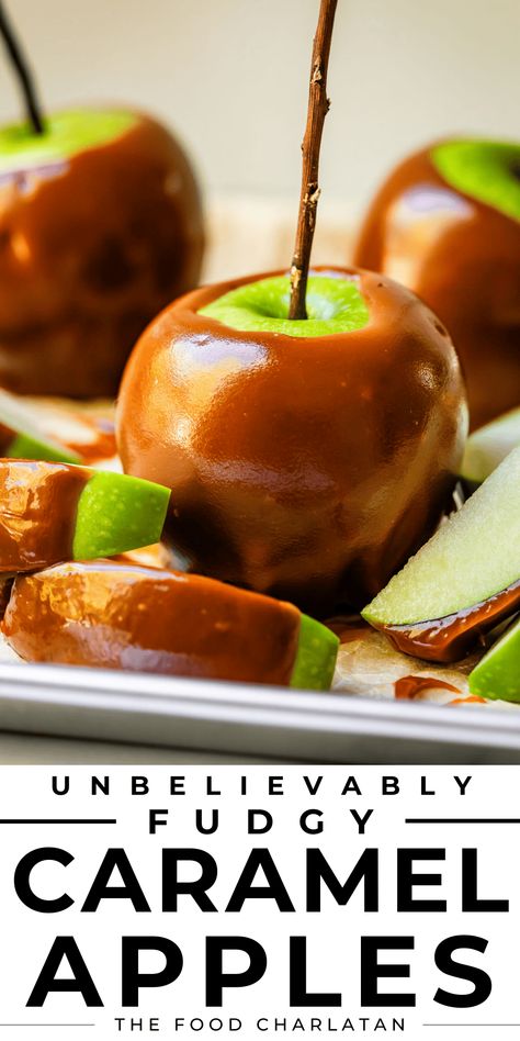 The Only Caramel Apple I Will Eat from The Food Charlatan. I am a Caramel Apple snob! But all that changed recently when I discovered the secret to the BEST homemade caramel sauce. These caramel apples are easy to dip, a dream to bite through, with the most FUDGY caramel texture. It holds it's shape perfectly on the apple, and does not slide off. It is such a fun project for the fall! I will show you how to make this recipe for Halloween, Thanksgiving, or for gifting to neighbors! Caramel Candy Apples Recipe, Caramel Apple Pops, Chocolate Caramel Apples, Eagle Brand Milk, Candy Apple Recipe, Caramel Apples Homemade, Caramel Apples Recipe, Apple Pop, The Food Charlatan