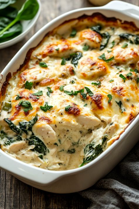 Rotisserie Chicken Spinach Recipes, Chive And Onion Cream Cheese, Chicken Spinach Bake, Chicken And Spinach Casserole, Creamy Spinach Chicken, Creamy Chicken Casserole, Spinach Casserole, Chicken Spinach, Chicken And Spinach