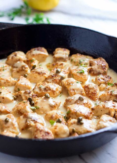 Chopped Chicken Breast Recipes, Cubed Chicken Breast Recipes, Cubed Chicken Recipes, Sweet Garlic Chicken, Cubed Chicken, Braised Chicken Breast, Comfort Dinner, Pan Sauce, Chicken Breast Recipes Easy