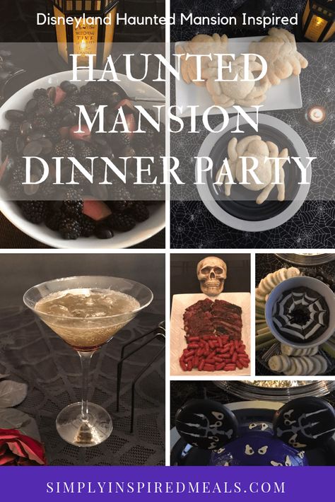 Disneyland Haunted Mansion Inspired Dinner Party #Disneyland #HauntedMansion #DinnerParty #Menu Haunted Mansion Themed Food, Haunted Mansion Movie Night, Haunted Mansion Food, Haunted Mansion Dinner, Diy Haunted Mansion, Halloween Themed Dinner, Theme Dinners, Disney Movie Night Dinner, Themed Dinner Party