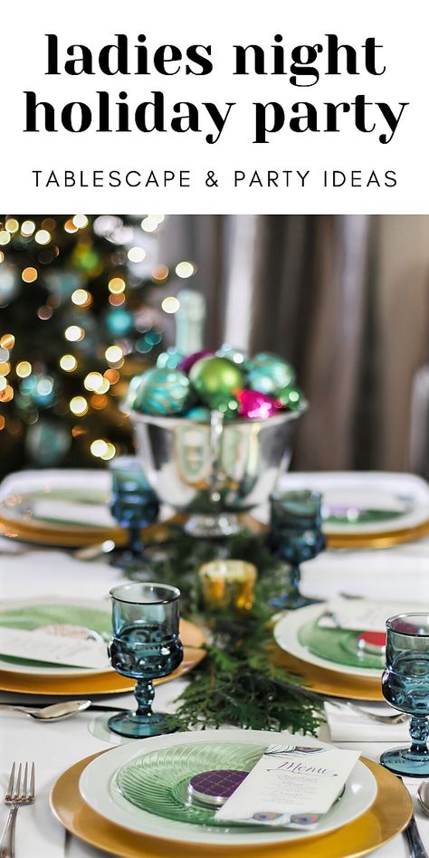 Colorful Christmas tablescape for ladies night dinner party. This blue and green table setting is unique and festive. #christmas #tablescape #colorful Christmas Cocktail Party Tablescape, Green Holiday Table Setting, Blue And Green Table Setting, Ladies Christmas Party Ideas, Dinner Party Ideas For Adults, Ideas For Girls Night, Ladies Christmas Party, Green Table Settings, Party Ideas For Girls