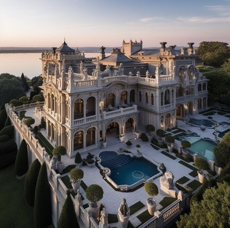 Grand Opulence: A Lakeside Luxury Manor Dream Home Luxury Manor, Castle House Design, Mediterranean Mansion, Court Yard, Mansion Exterior, Dream Mansion, Beautiful Home Designs, Castle House, Home Exterior