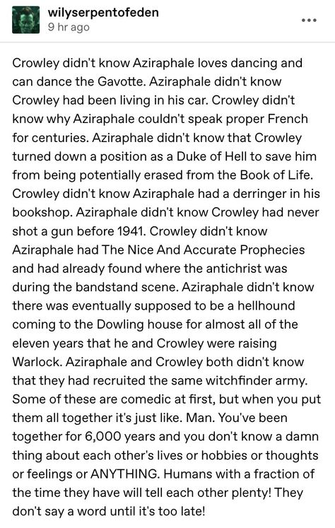 Good Omens Text Post, Good Omens Crowley, Terry Pratchett Discworld, Bad Omens, Good Omens Book, I Forgive You, Ineffable Husbands, Terry Pratchett, Good Omens