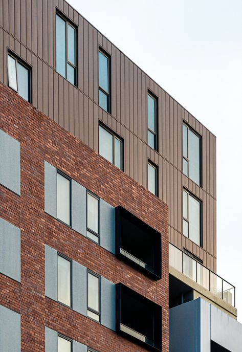 Brick Inlay facade, Rustic Red brick tiles. Pressed Red brick tiles, Custom Stone facing tiles Brick And Metal Facade, Concrete Architecture Facade, Red Brick Tiles, Building Cladding, Precast Concrete Panels, Facade Pattern, Cladding Design, Facade Panel, Brick Cladding