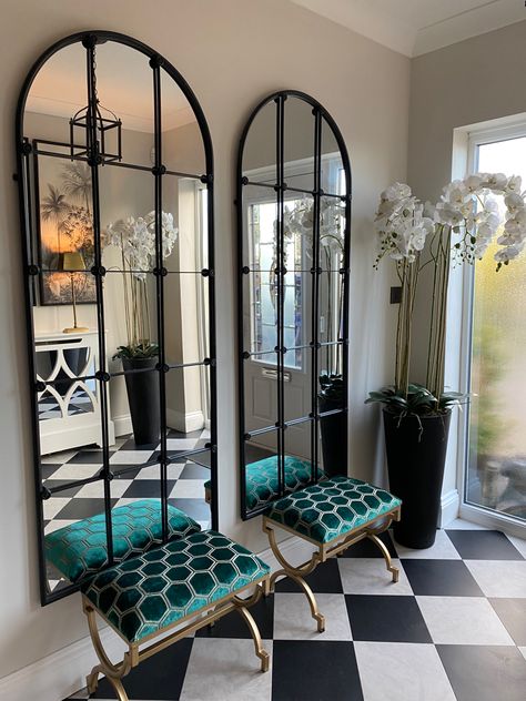 Large black mirrors, with bespoke turquoise honeycomb footstools with gold. Foyer Mirror Ideas Entry Ways, Gold Mirror Living Room, Arch Mirrors, Foyer Mirror, Mirror Decor Living Room, Black Arch, Mirror Dining Room, Living Room Partition Design, Room Partition Designs