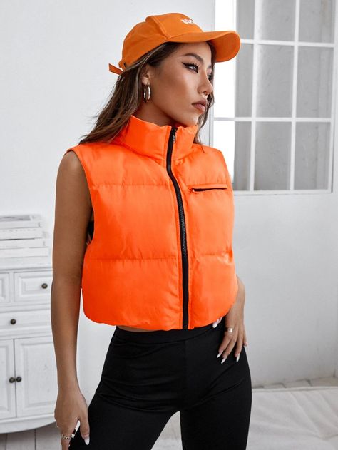 Orange Summer Vest, Fitted Orange Casual Vest, Orange Sleeveless Summer Vest, Puffer Vest Outfit Black, Cheap Fitted Orange Vest, Orange Crop Puffer Vest, Puffer Vest Outfit, Vest Coat, Puffer Vest