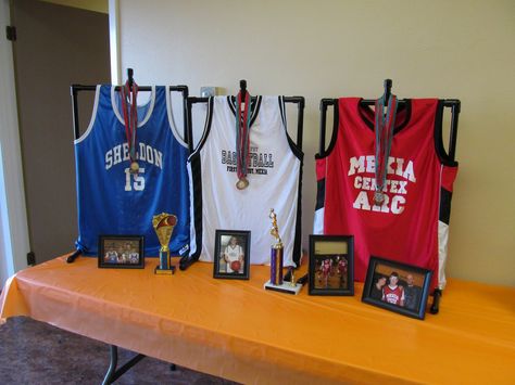 Jordan's jersey Displaying Medals, Graduation Display, Basketball Crafts, Running Bibs, Medal Displays, Baseball Pennants, T-shirt Display, Sports Banquet, Trophy Display