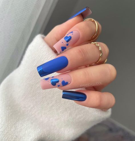 Blue Valentine Nails Design, Blue Valentine’s Day Nails, Royal Blue Valentines Nails, Valentines Day Nails Blue, Blue Valentines Nails, Blue Valentine Nails, Royal Blue Nails Designs, Royal Blue Nails, Nails Yellow