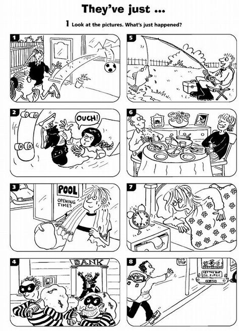 This is a fun worksheet to practice the present perfect tense. Students look at the pictures and describe what has just happened. Present Perfect Tense, Perfect Tense, English Exercises, Fun Classroom Activities, Speaking Activities, English Worksheets For Kids, Present Perfect, English Classroom, English Language Teaching