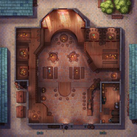 D&D Map: Grand Tavern, Jenny Harder on ArtStation at https://www.artstation.com/artwork/3drPeE Dnd Room, Dungeons And Dragons Rules, Fantasy City Map, Dnd World Map, Building Map, Fantasy World Map, Tabletop Rpg Maps, Search History, Rpg Map