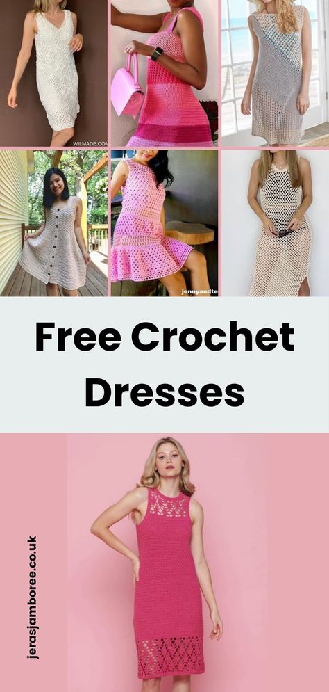 montage of 7 different summer crochet dresses styled on women made from free crochet patterns Crochet Dress Tutorial Free Pattern, Crochet Fashion Dresses, Crochet Dress Patterns, Summer Crochet Patterns Free, Crochet Dress Pattern Free, Crochet Summer Dresses, Summer Dress Patterns, Crochet Dresses, Dress Tutorials