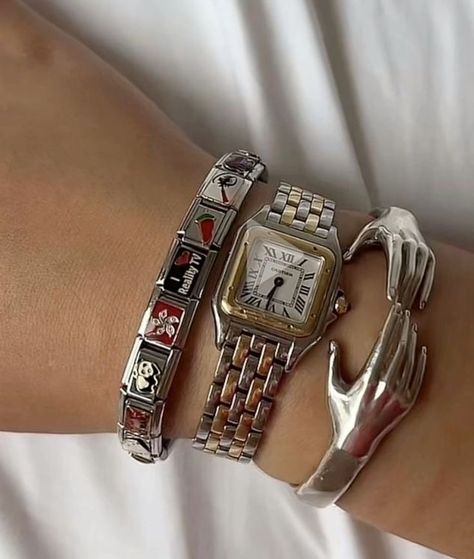 Italian Charm Bracelet Stack, Italian Bracelets Aesthetic, Jewellery Silver Aesthetic, Popular Jewelry Trends 2024, Bracelet Stack With Watch, Jewelry Collection Aesthetic, Italian Charm Bracelet Aesthetic, Watch And Bracelet Stack, Charm Bracelet Stack