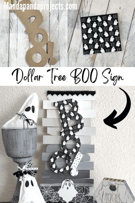 Dollar Tree BOO Napkin Sign - Manda Panda Projects Dollar Tree Boo Sign Ideas, Dollar Tree Eek Sign Ideas, Boo Signs For Halloween, Dollar Tree Boo Sign, Boo Decorations, Ghost Napkins, Boo Sign, Halloween Craft Projects, Dollar Tree Halloween