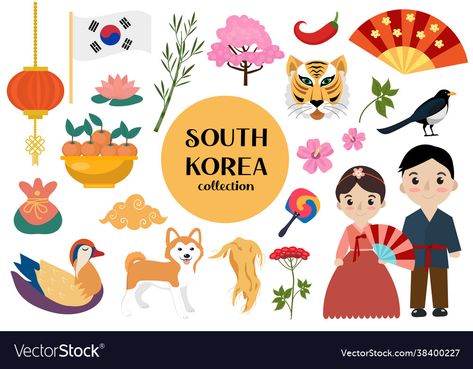 Korean Symbols Art, South Korea Illustrations, Korean Elements, Drawing Motivation, Korean Illustration, Illustration Clip Art, National Animal, Flower Icons, Phone Background