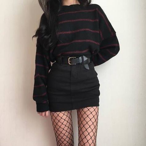 Black and Red Striped Long Sleeve, Black Denim Skirt, Black Belt, Black Fishnets Grunge Punk Outfits, Grunge Style Outfits, Punk Outfits, Indie Outfits, Grunge Style, Edgy Outfits, Grunge Fashion, Grunge Outfits, Street Styles