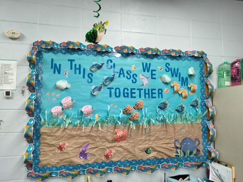 Under The Sea Prek Classroom, Fish Tank Bulletin Board Ideas, Under The Sea Classroom Bulletin Boards, Ocean Themed Bulletin Boards, Mermaid Bulletin Board, Sea Decoration Ideas Ocean Themes, Under The Sea Bulletin Board Ideas, Under The Sea Classroom Door, Beach Bulletin Board Ideas