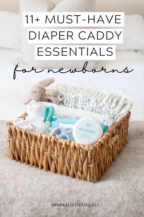 Changing Caddy Essentials, Changing Table Essentials List, Living Room With Newborn, Diaper Basket Ideas, Bedside Caddy For Baby, Bedside Newborn Essentials, Newborn Caddy Essentials, Newborn Changing Station, Baby Caddy Essentials