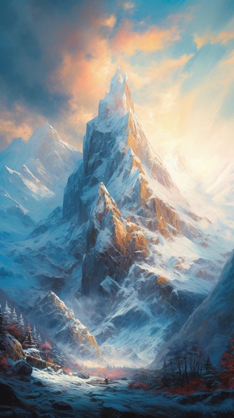 Free Download: a fantasy mountain covered in snow Fantasy Ice Mountain, Snow Mountain Fantasy Art, Snowy Mountain Village Fantasy Art, Tundra Fantasy Art, Fantasy Snowy Mountains, Fantasy Snow Forest, Fantasy Mountain Art, Mountain City Fantasy Art, Fantasy Mountain City