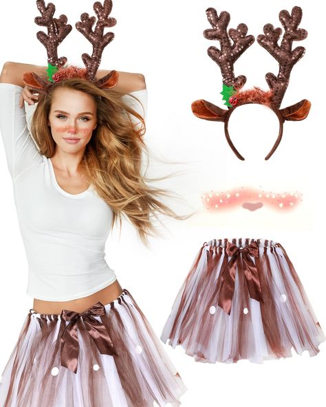 PRICES MAY VARY. Nylon Hand Wash Only Attractive Accessories: the package includes 1 piece of headband adult, 1 piece of brown tutu skirt and 1 piece of face temporary tattoo, proper for your cosplay in Christmas party and making you become the focus in the crowd Easily Wear and Take off: the deer antlers headband measures approx. 13.39 x 9.45 inches, suitable for most people to wear, besides the adjustable designs make it easy to wear and take off without making your head too tight Long Time Service: the deer headband with bell is made of fabric cloth, sequin and alloy bells, reliable and sturdy to apply, comfortable to wear, besides the face temporary tattoos are made of water film paper, can last for about 3 to 5 days Applicable Occasions: these girls Halloween Christmas costumes are id Womens Deer Costume Outfit, Reindeer Diy Costume, Deer Costume Women Tutu, Reindeer Dance Costume, Deer Costume Headband, Sven Costume, Christmas Deer Antler Headband, Hometown Christmas, Christmas Costumes Women