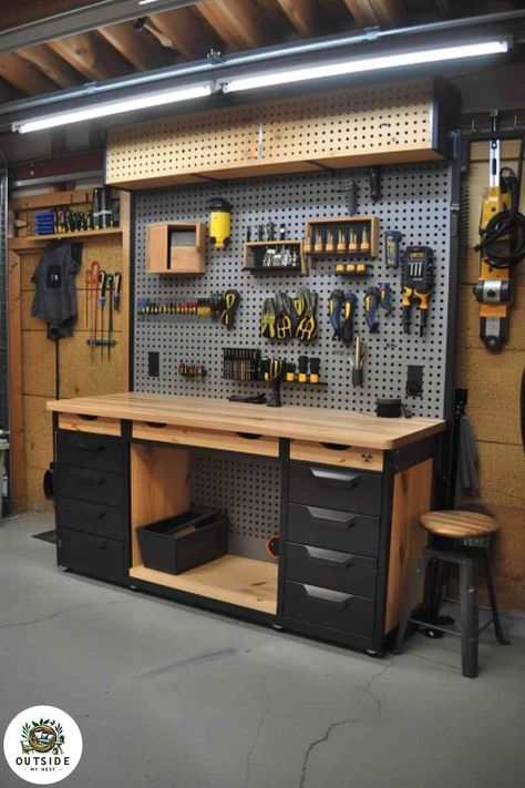 Garage Workbench And Storage, Small Garage Workshop Layout, Workbenches Ideas, Dream Garage Workshop, Garage Setup, Workbench With Storage, Insulated Garage, Woodshop Tools, Garage Workshop Layout