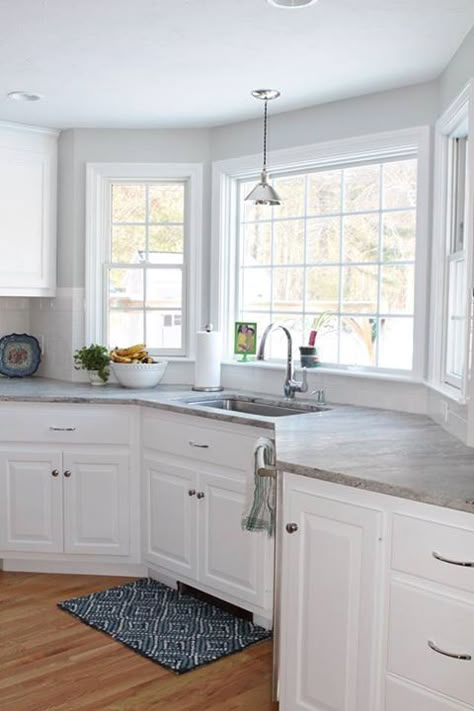 Exact window in kitchen example. Larger sink and white counters. Dishwasher placement U Shaped Kitchen With Bay Window, Hexagon Kitchen Layout, Kitchen Sink With Bay Window, Sink In Bay Window Kitchen, Bay Window Kitchen Counter, Bow Window In Kitchen, Kitchen Layout With Bay Window, Kitchen Bay Window Ideas Sink, Sink In Bay Window