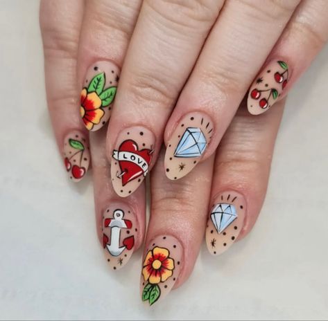 Flash Art Nails, Tattoo Art Nails, Tattoo Style Nail Art, Funky Wedding Nails For Bride, Maximalist Nail Salon, Traditional Tattoo Nail Art, Tattoo Inspired Nails, American Traditional Nails, Traditional Tattoo Nails