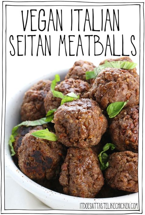 Vegan Italian Seitan Meatballs! Juicy, tender, flavourful, perfect for enjoying as an appetizer with a dipping sauce and even better for topping on pasta. Easy to make and can be prepared ahead of time or frozen for later. #itdoesnttastelikechicken #veganrecipes Seitan Meatballs, Nachos Chicken, Vegan Meat Recipe, Easy Nachos, Seitan Recipes, Pasta Easy, Vegan Meatballs, Loaded Nachos, Vegan Italian