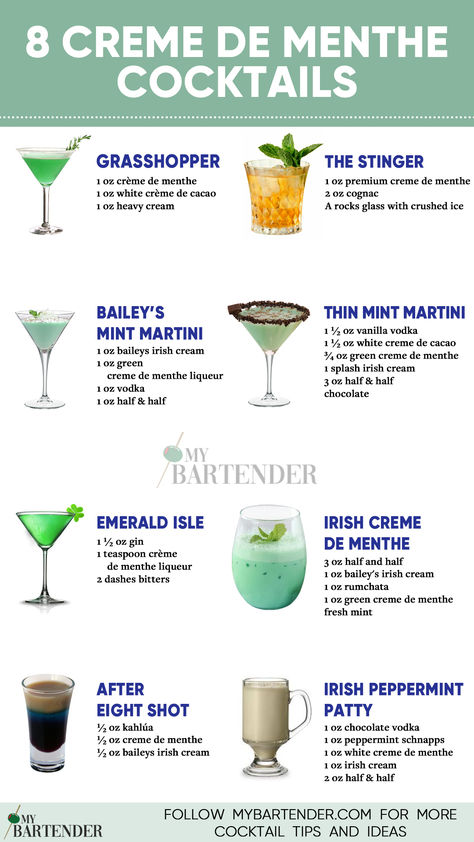 Crème de Menthe Cocktails Mint Liquor Drinks, Aperitif Drinks Cocktails, Mint Cocktail Recipes, Creme De Menthe Drinks, Minty Cocktail, Grasshopper Drink Recipe, Grasshopper Drink, Grasshopper Cocktail Recipes, Grasshopper Cocktail