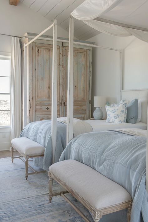 Discover 31 small blue coastal bedroom ideas. Transform your space with soothing blue tones, nautical decor, and light, airy fabrics. Incorporate elements like striped patterns, seashell accents, and driftwood furniture. Utilize space-saving solutions and natural textures to create a serene, beach-inspired retreat that feels both cozy and spacious. 2 Double Beds In One Room, Blue Coastal Bedroom, House Themes, Coastal Bedroom Ideas, Farmhouse Bathroom Design, Driftwood Furniture, Coastal Room, Feminine Bedroom, Coastal Elegance