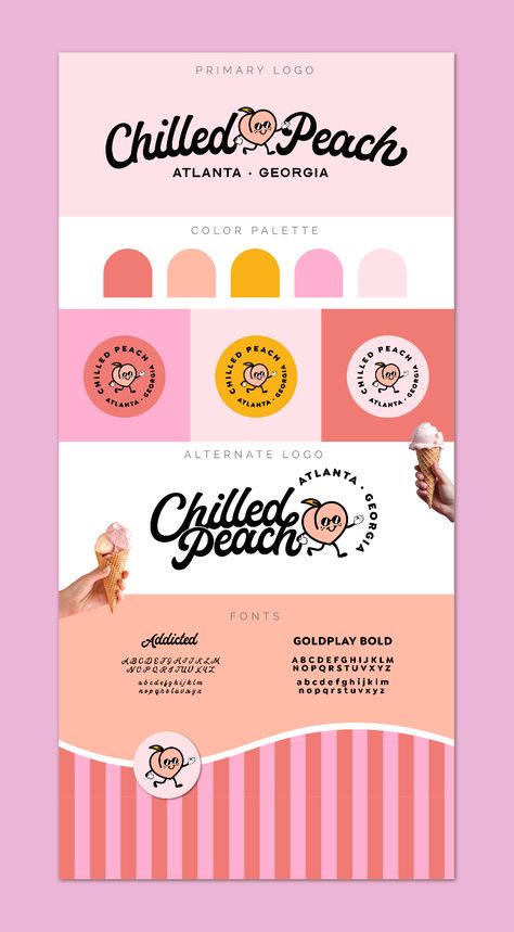 Chilled Peach is an online ice cream shop selling delicious ice cream with beloved southern flavours. This sweet, modern brand identity needed to be bold, fun, inviting with a retro feel. This project included brand guide, logo design, visual identity design, stickers design, label and packaging design, Canva templates design, color palette curation etc. Retro Mascot Logo, Playful Branding Inspo, Fun Bold Logo Design, Pattern Design Inspo, Graphic Design, Inviting Brand design Ice Cream Logo Delicious Color Palette, Modern Retro Branding Design, Sweets Graphic Design, Ice Cream Shop Color Palette, 90s Branding Design, Playful Packaging Design, Quirky Graphic Design, Retro Modern Graphic Design, Online Shop Packaging